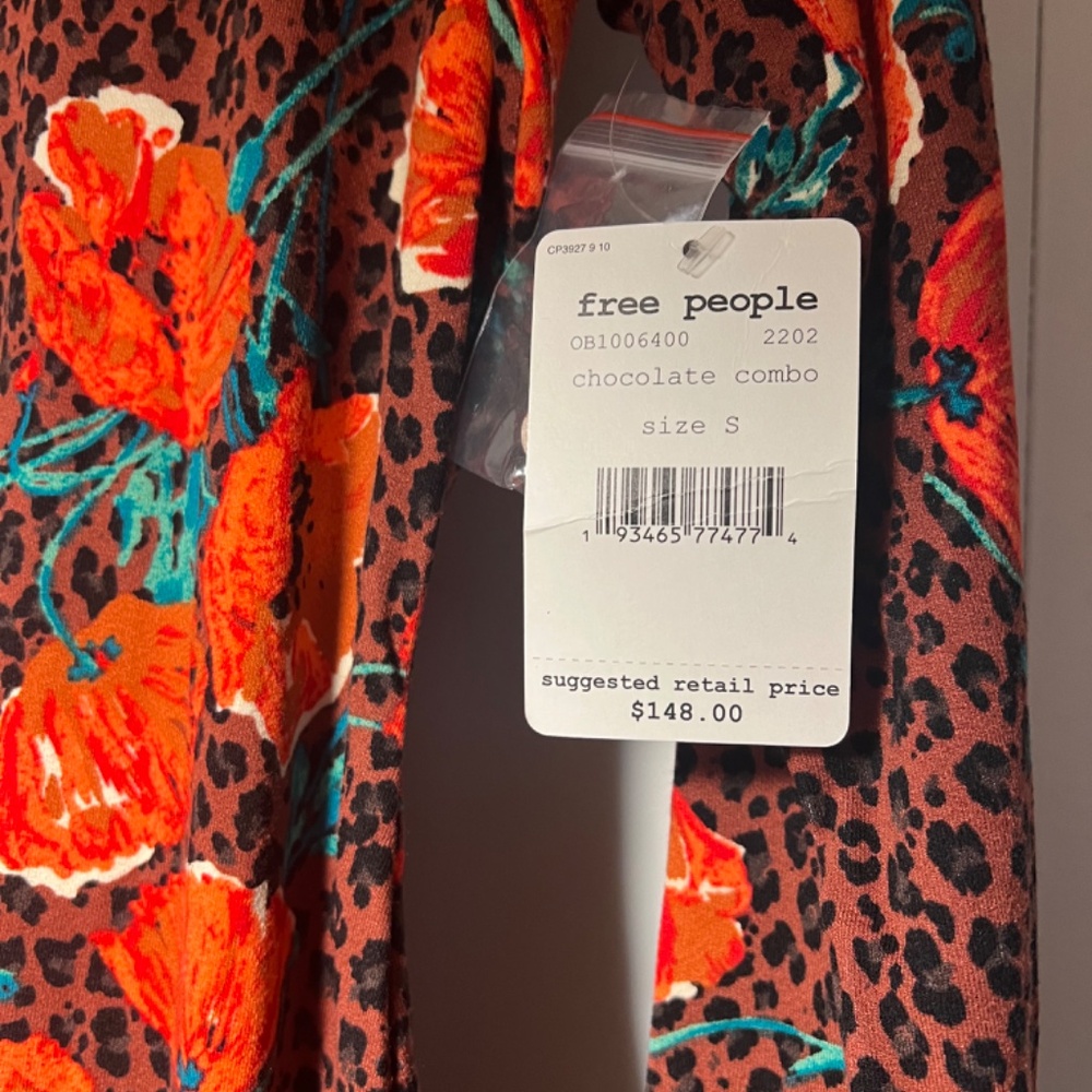 Free People Red Floral & Black Leopard Midi Dress with Teal Accents - Picture 3 of 6